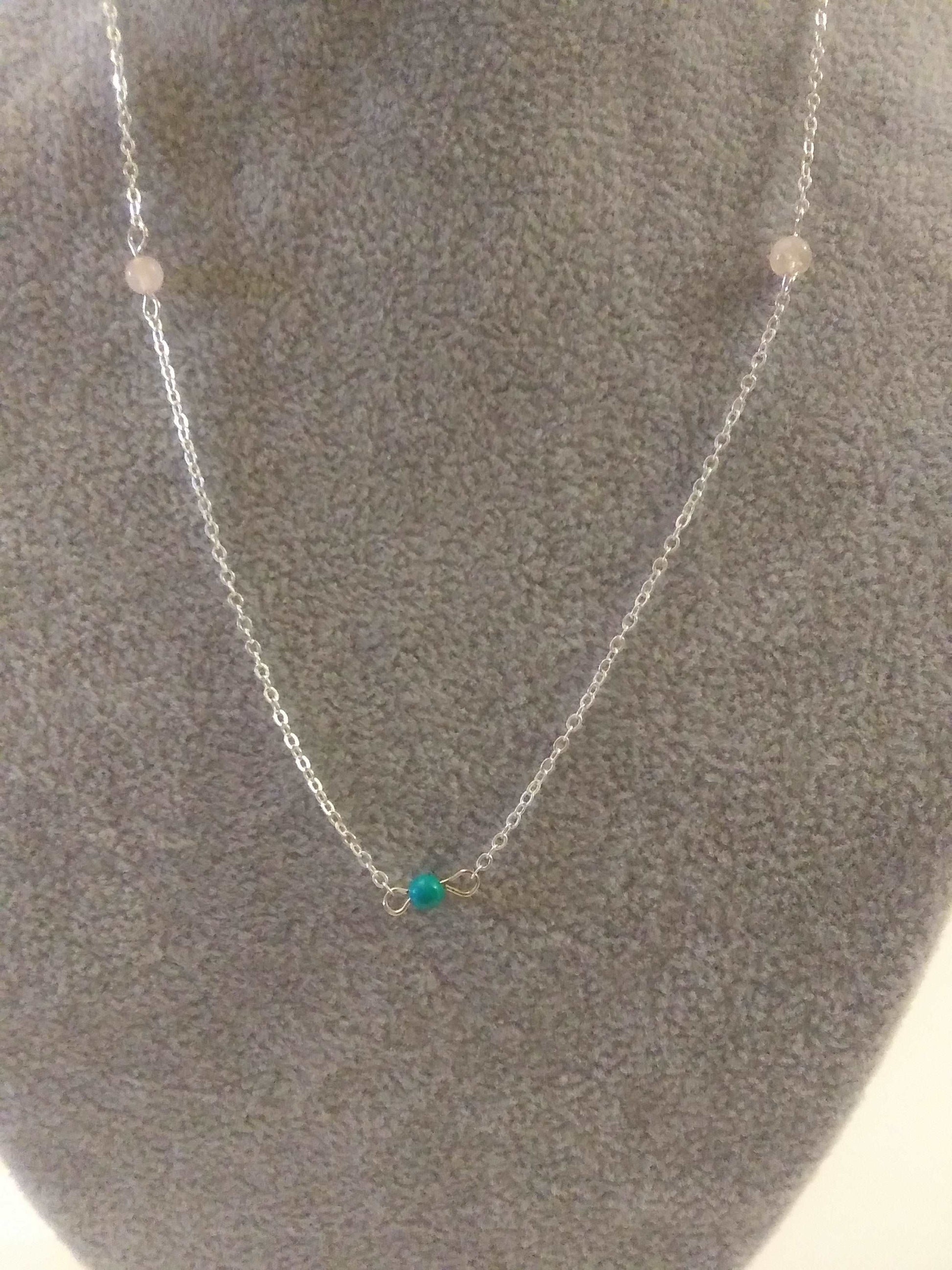 4 mm gemstone rose and turquoise  925 20 inch necklace - Providence silver gold jewelry usa