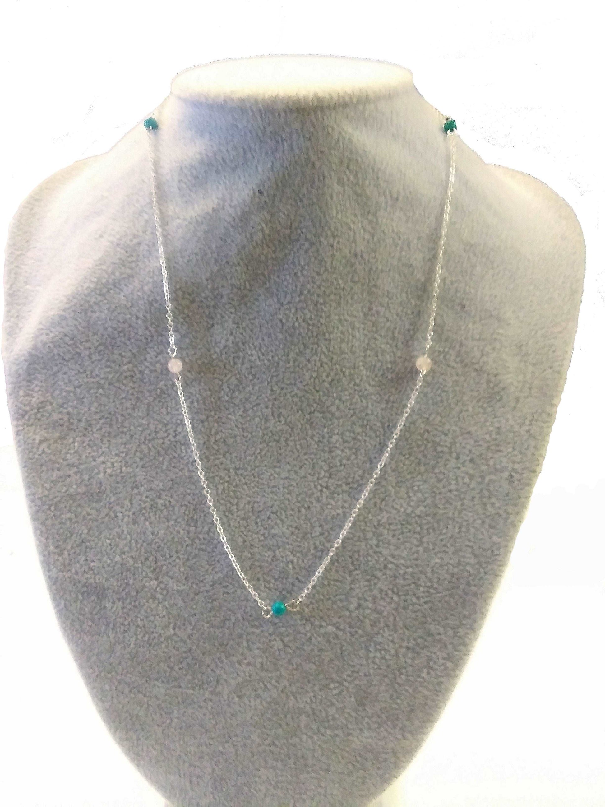 4 mm gemstone rose and turquoise  925 20 inch necklace - Providence silver gold jewelry usa