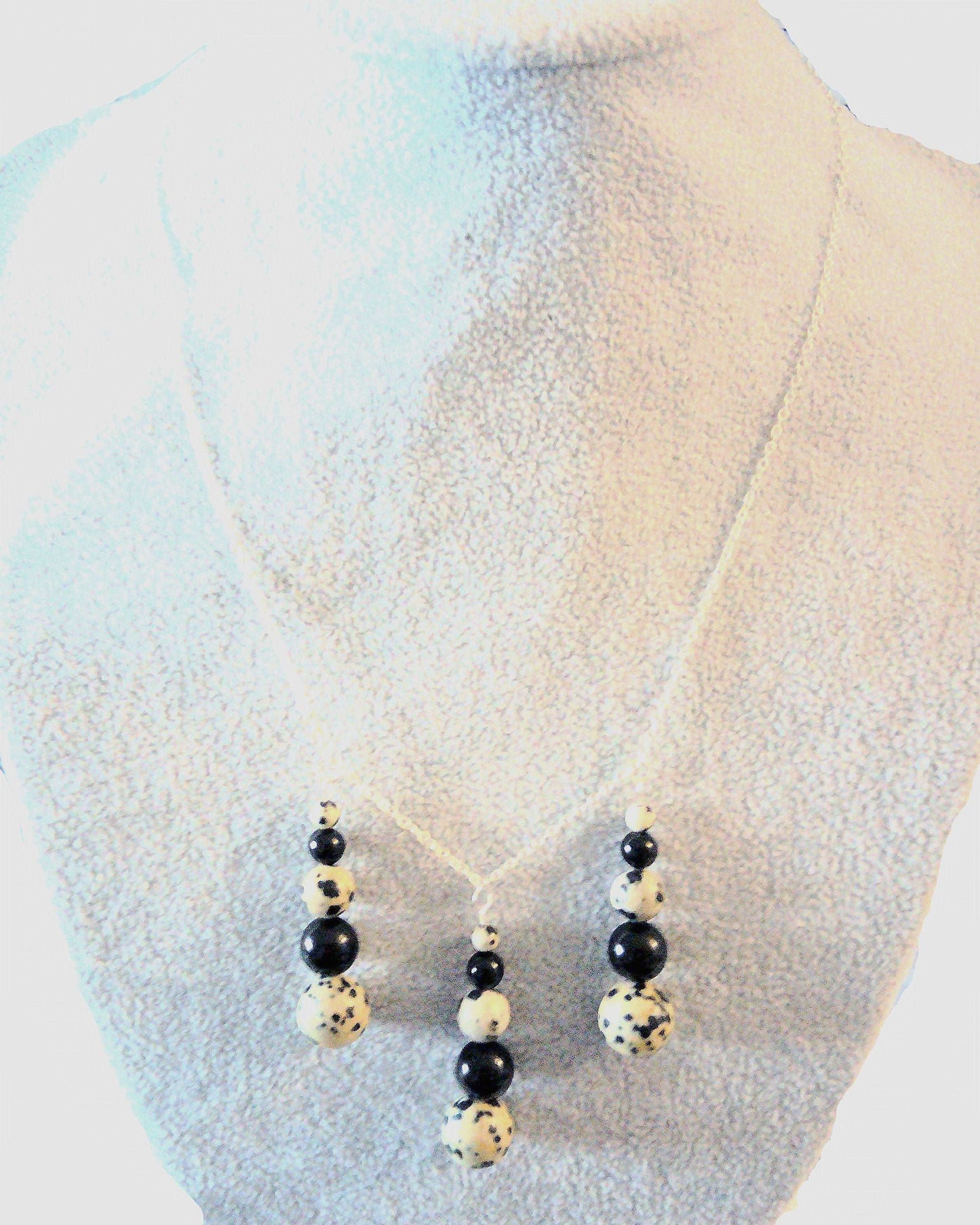 Genuine dalmation spot-black onyx beads with 100% .925 sterling silver necklace chain - Providence silver gold jewelry usa