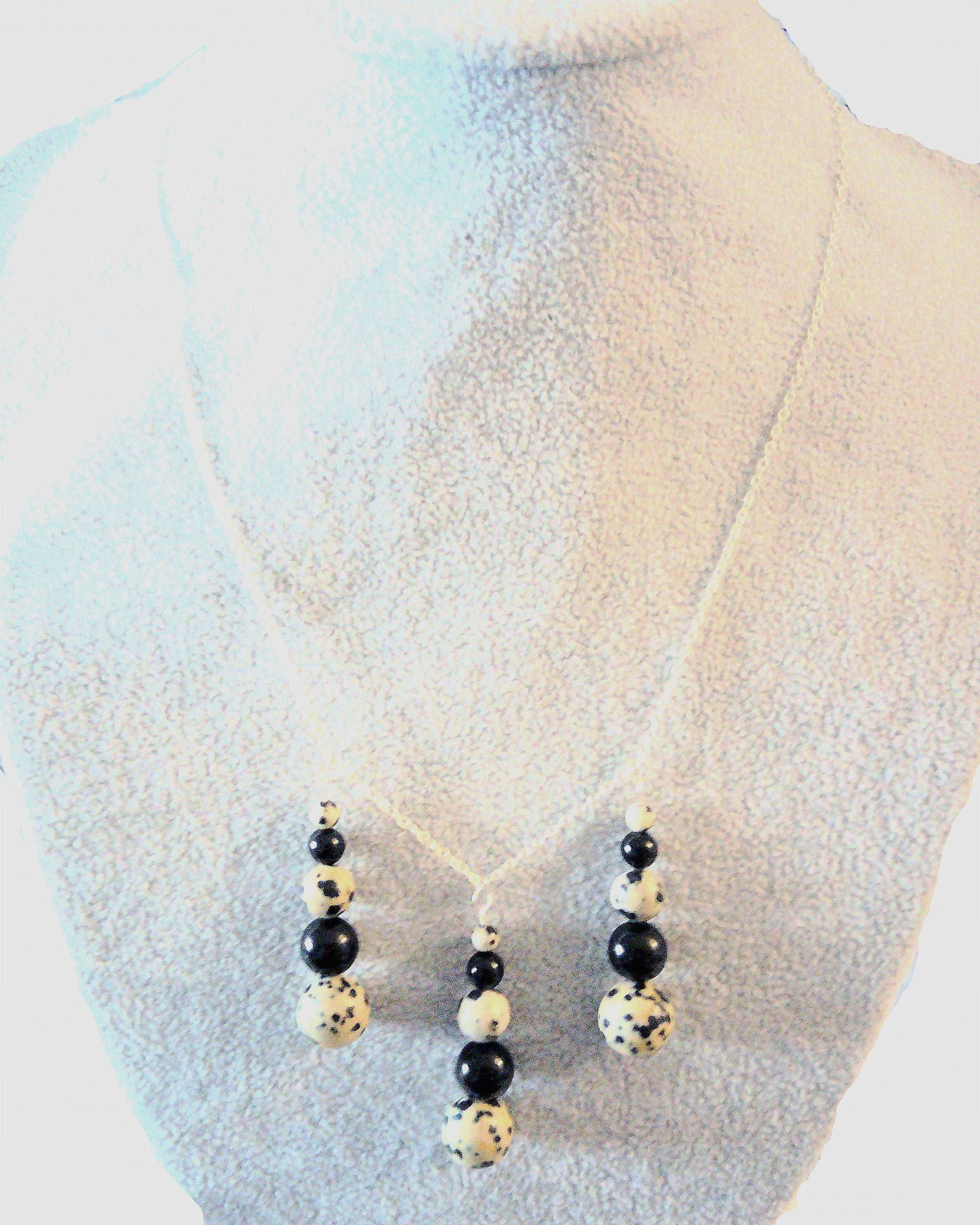 Genuine dalmation spot-black onyx beads with 100% .925 sterling silver necklace chain - Providence silver gold jewelry usa