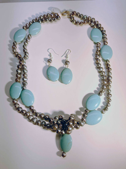 genuine turquoise and pearl necklace with matching earrings - Providence silver gold jewelry usa