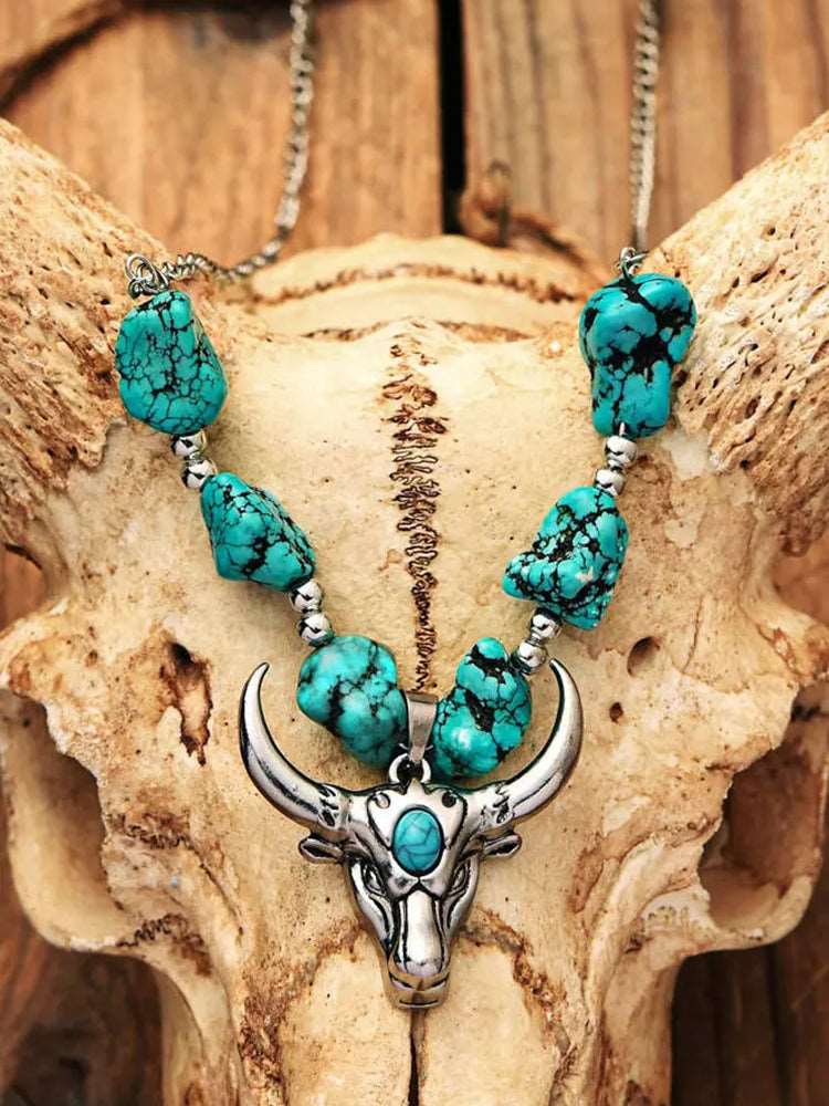 New Turquoise Steer Skull Pendant Necklace For Women - Providence silver gold jewelry usa