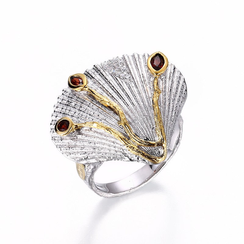 Designer Sterling Silver Clam Shell Ring with Garnet and Zirconium Stones. - Providence silver gold jewelry usa