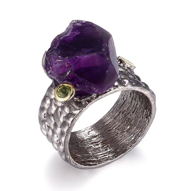 Rough genuine Amethyst stone set in handmade Sterling silver Ring - Providence silver gold jewelry usa