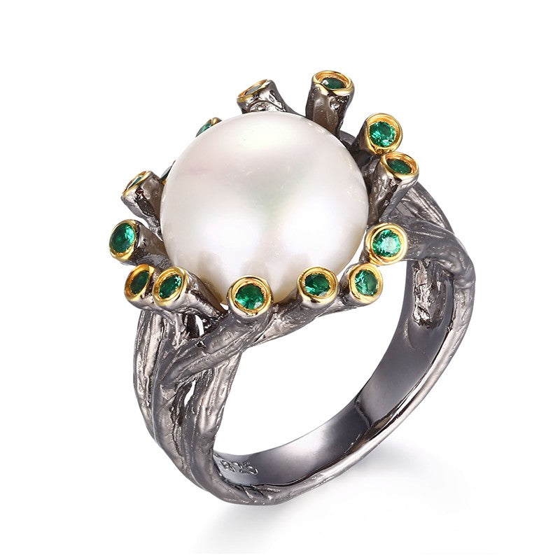 Pearl dome .925 silver ring with Green Spinel accent stones - Providence silver gold jewelry usa