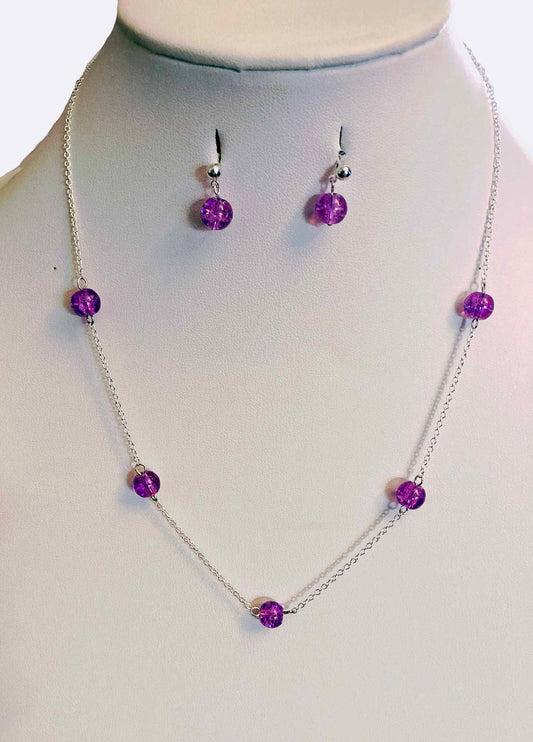 Sterling Silver Necklace and Earring Set with artisan crackle glass beads - Providence silver gold jewelry usa