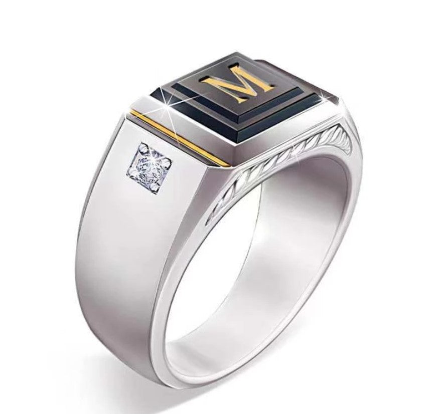 Fashion Lettering "M" Black Square Signet Ring w AAA CZ stones hip hop styles (6) - Providence silver gold jewelry usa