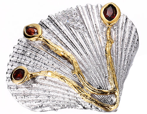 Designer Sterling Silver Clam Shell Ring with Garnet and Zirconium Stones. - Providence silver gold jewelry usa