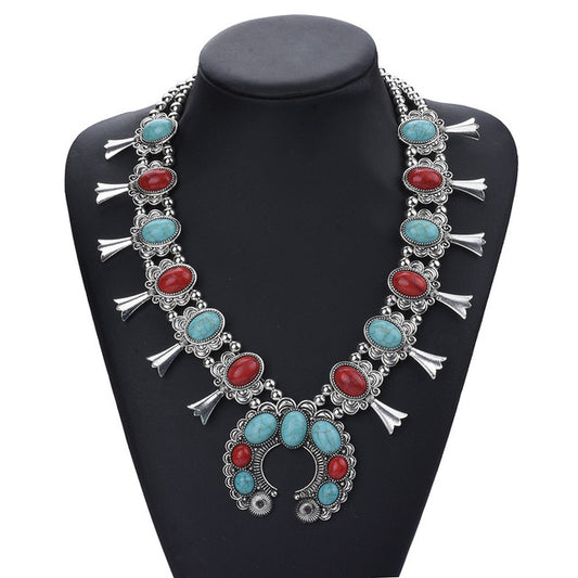 Bold imitation indian squash blossom coral and turquoise 28 inch necklace - Providence silver gold jewelry usa