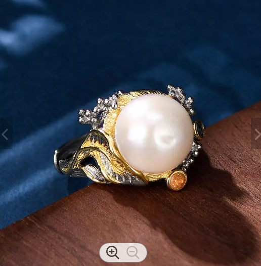 Designer style large Baroque Pearl ring set in Sterling Silver with 14K overlay - Providence silver gold jewelry usa