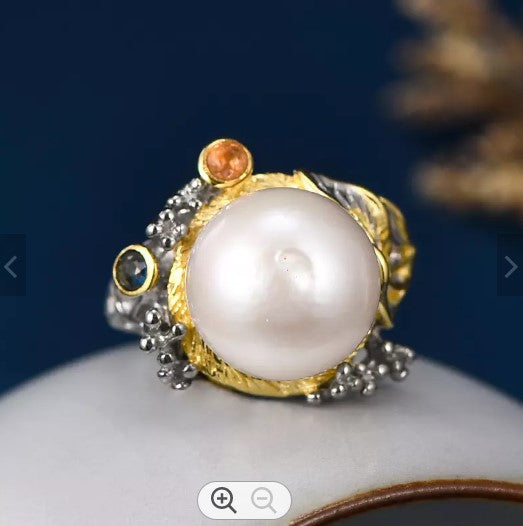 Designer style large Baroque Pearl ring set in Sterling Silver with 14K overlay - Providence silver gold jewelry usa
