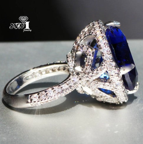 Princess Cut 15*15mm Huge Blue Sapphire Zircon Stamped S925 Sterling Silver Bling Ring - Providence silver gold jewelry usa