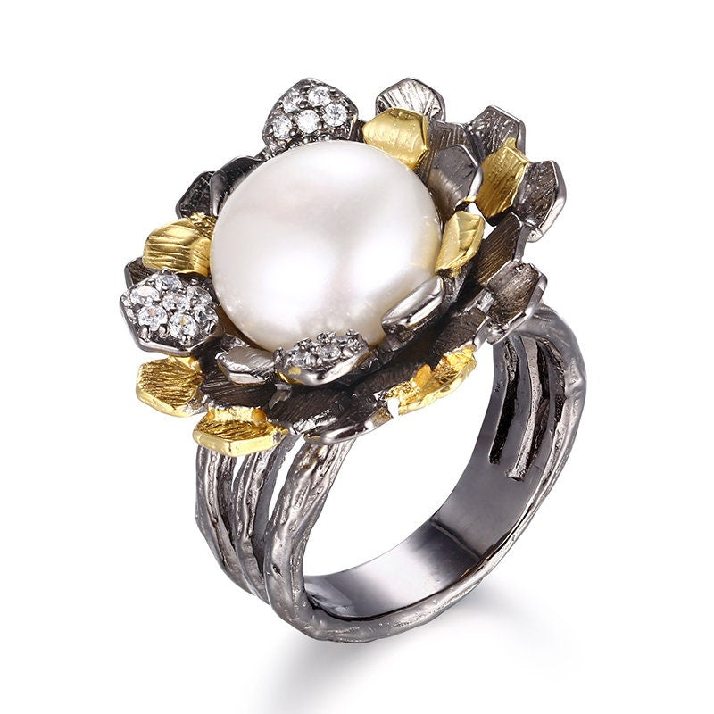 Sterling silver Flower Ring with CZ and Pearls - Providence silver gold jewelry usa